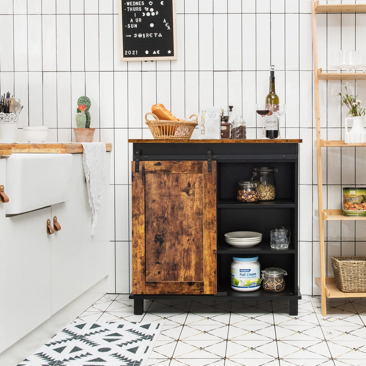 Goflame Sideboard, Coffee Bar Station with Sliding Barn Door(Industrial)