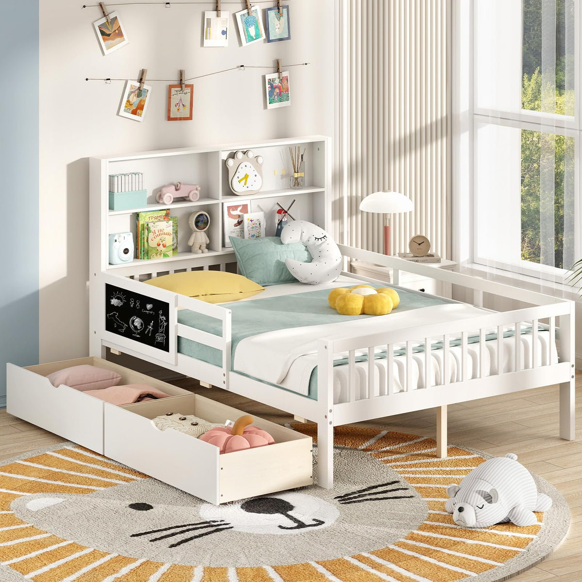 Goflame Full/Twin Size 2 Storage Drawers, Solid Wood Kids Bed Frame w/Bookcase Headboard & Blackboard