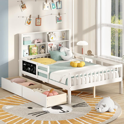 Goflame Full/Twin Size 2 Storage Drawers, Solid Wood Kids Bed Frame w/Bookcase Headboard & Blackboard