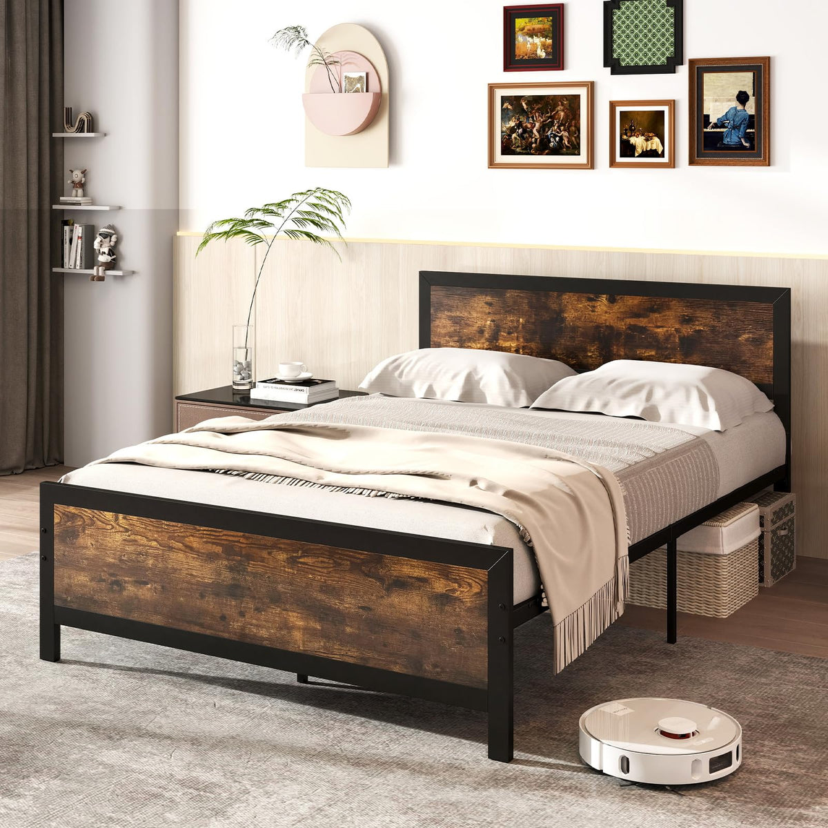 Goflame Metal Full Size Platform Bed Frame with Wood Headboard and Footboard