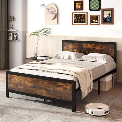 Goflame Metal Full Size Platform Bed Frame with Wood Headboard and Footboard