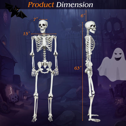 Halloween Life Size Full Body Skeleton, 5.4Ft Festival Skeleton Prop Decoration w/7 Movable Components