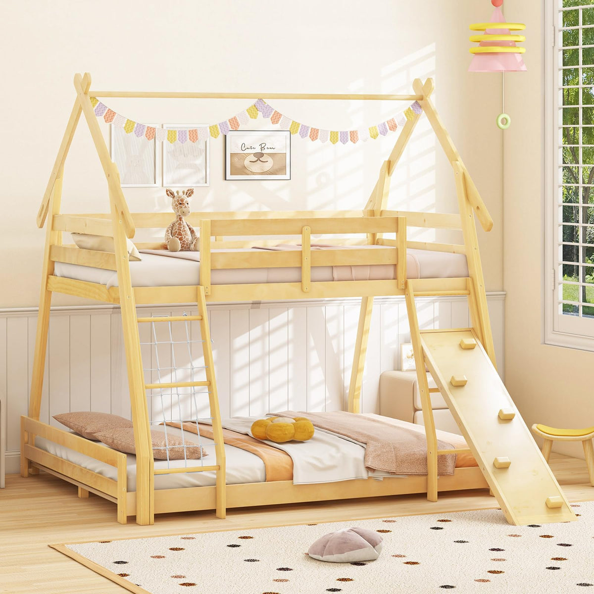 Goflame Twin Over Queen Bunk Bed, Wood House Bunk Bed for Kids with Climbing Nets and Ramp