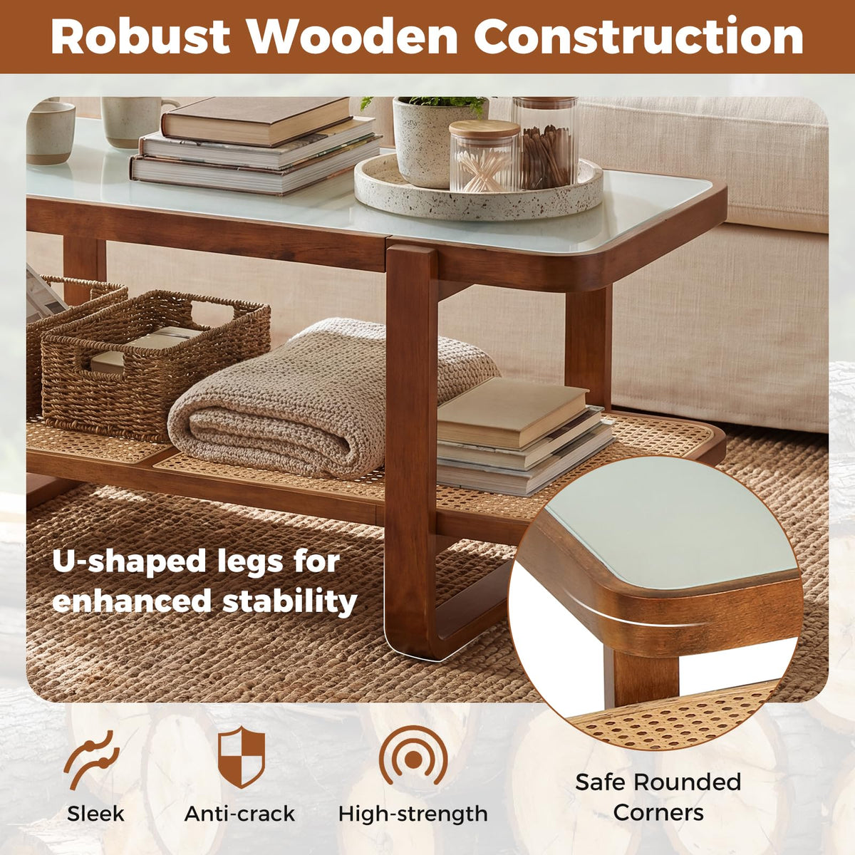 Goflame Rattan Coffee Table | 41.5" Farmhouse Center Table with Storage & Frosted Tempered Glass