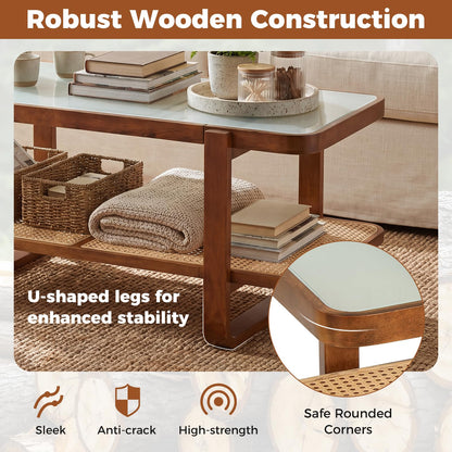 Goflame Rattan Coffee Table | 41.5" Farmhouse Center Table with Storage & Frosted Tempered Glass