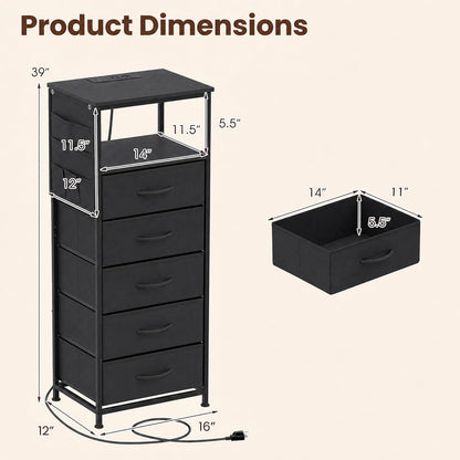 Goflame Modern 39" Bedside Table with Integrated Charging Station & 5 Fabric Drawers (1/2)