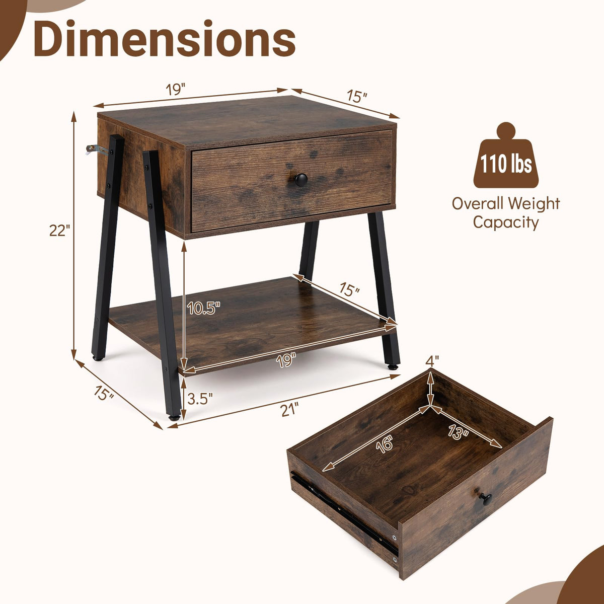 Goflame Industrial Night Stand with Drawer and Open Shelf