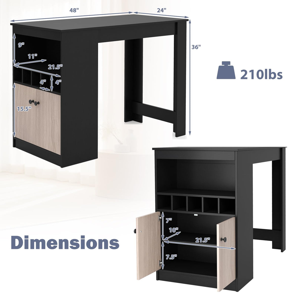 Goflame Counter Height Bar Table with Storage Cabinet