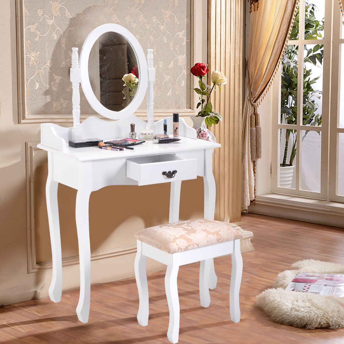 Vanity Table Set with Oval Mirror and Soft Cushioned Stool, Sturdy Wood Dressing Table with Drawers Storage Shelf