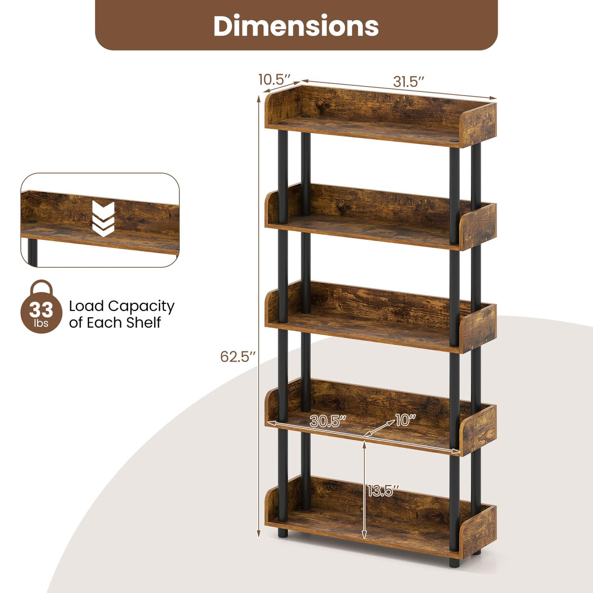 Goflame 5-Tier Bookshelf with Anti-Tipping Kit & Open Storage Organizer for Living Room Bedroom