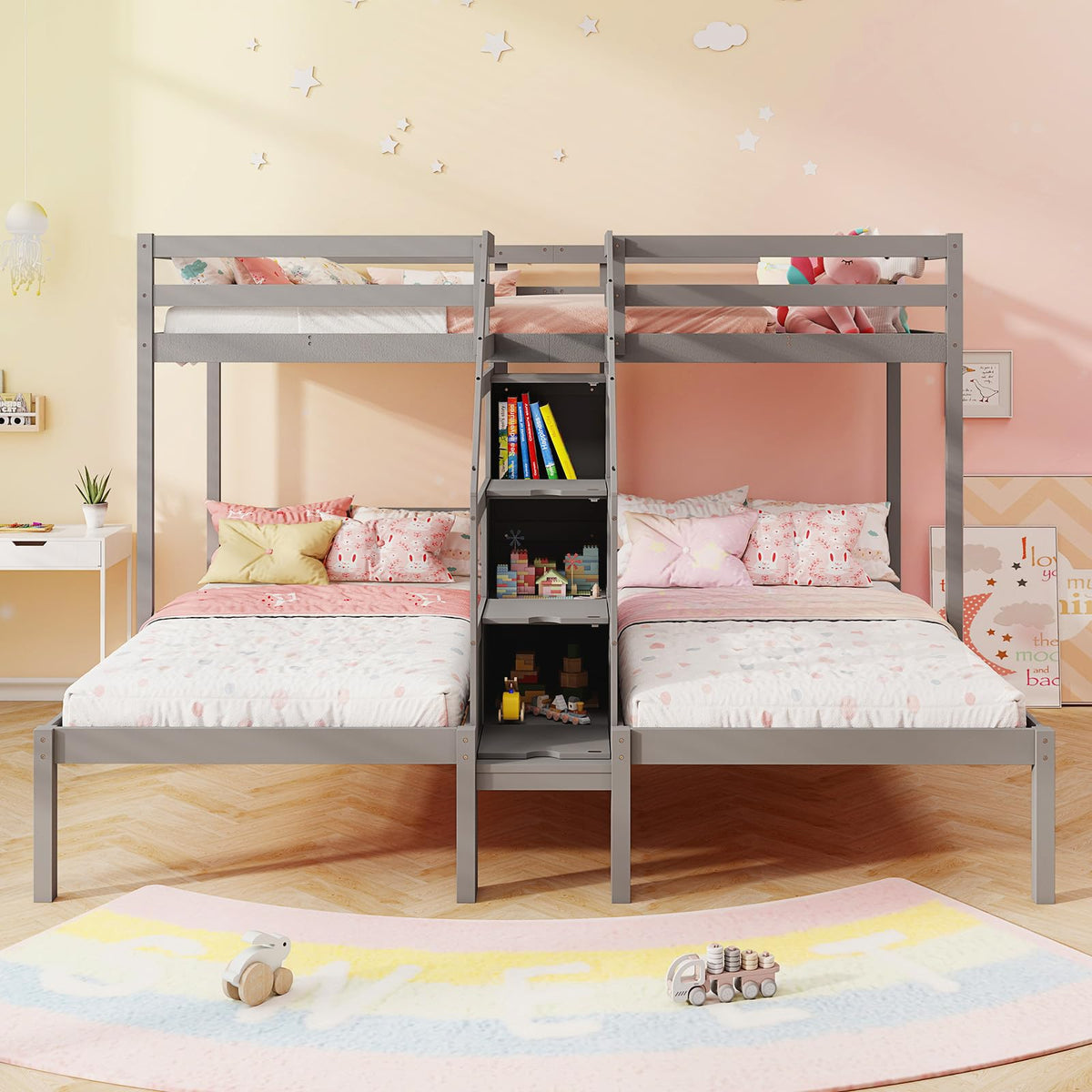 Goflame Twin Over Twin & Twin Bunk Bed Triple Bunk Beds with 4-Step Storage Stair