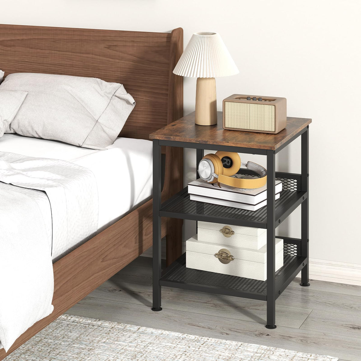 Goflame Stable Metal Frame Easy Assembly Accent Wood Look Printer Table Bedroom Nightstand(1,Black&Rustic Brown)