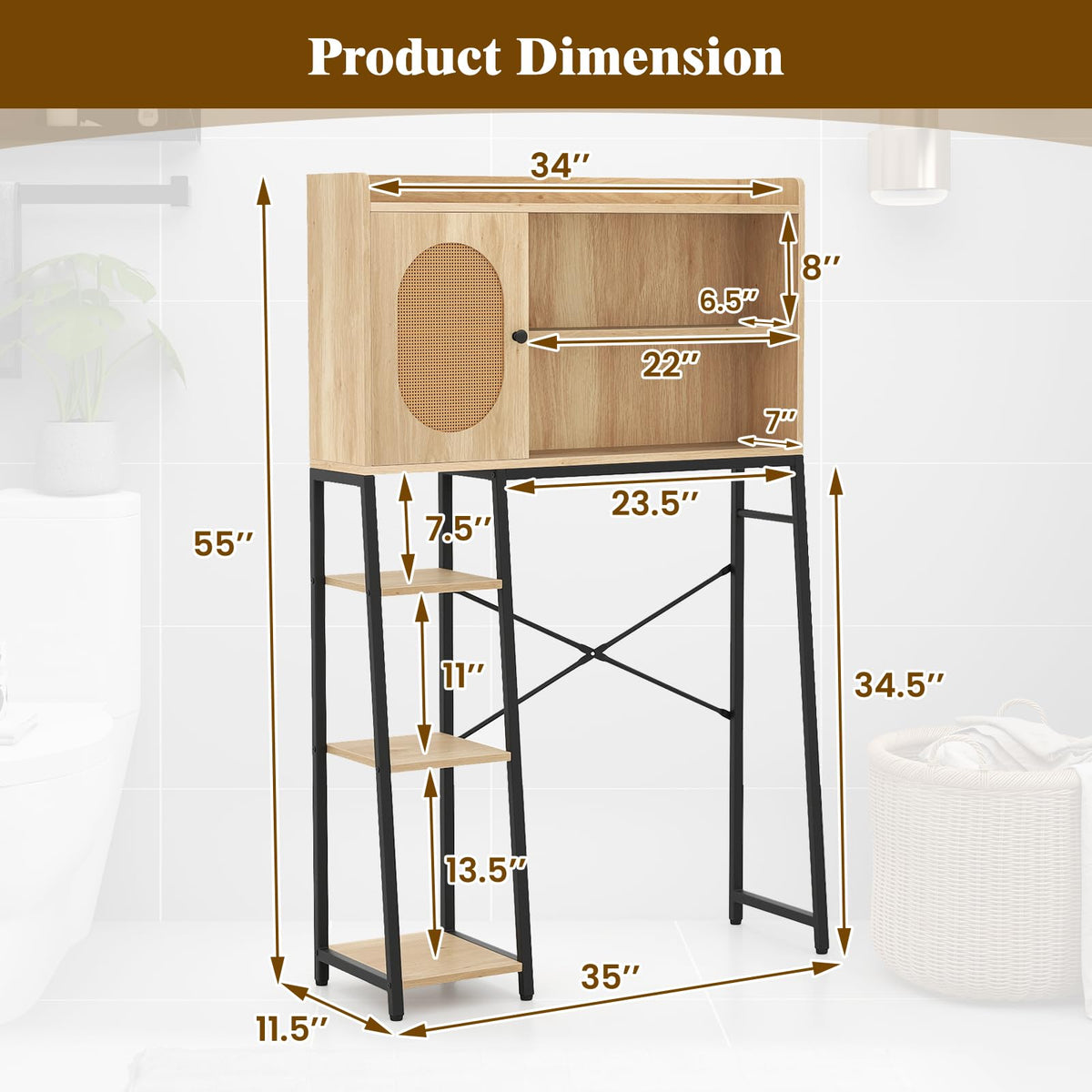 Goflame Over The Toilet Storage Cabinet, Freestanding Storage Organizer Above Toilet with PE Rattan Door and Adjustable Shelf