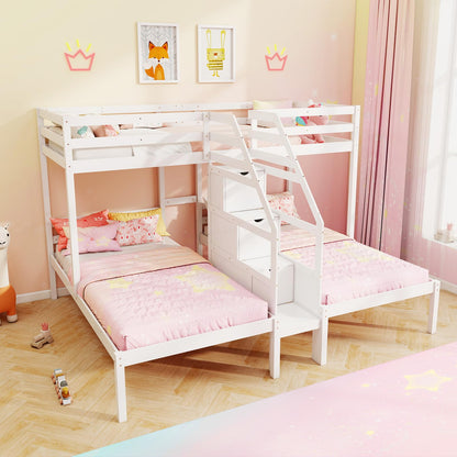 Goflame Twin Over Twin & Twin Bunk Bed, Triple Bunk Beds with 4-Step Storage Stair, Wooden 3 Bunk Beds for Kids Teens