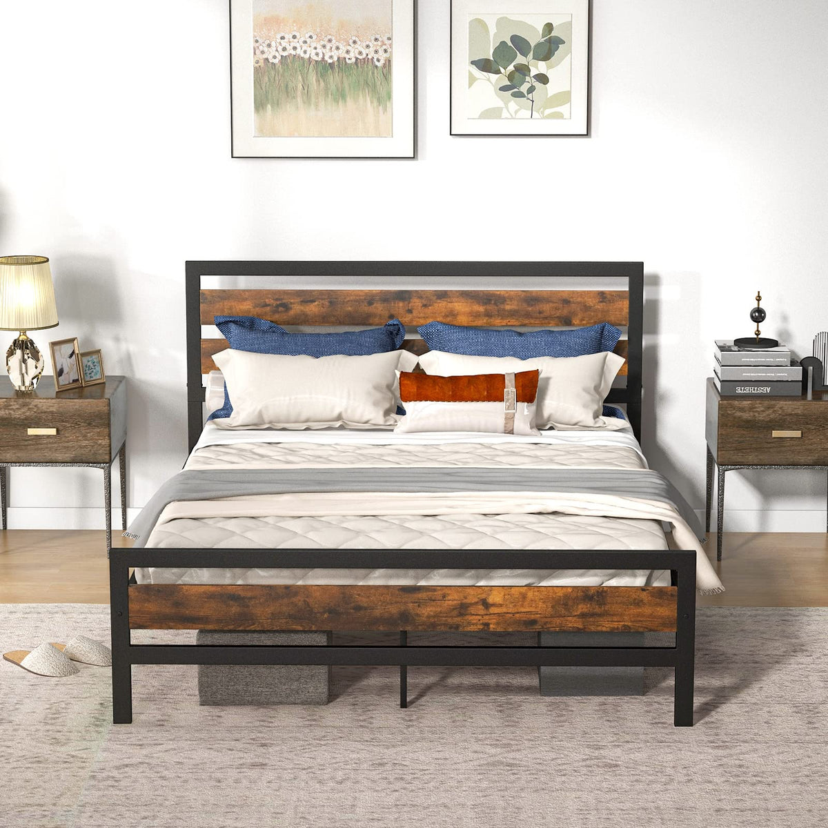 Goflame Queen Metal Platform Bed Frame with Wooden Headboard & Footboard, Rustic Brown
