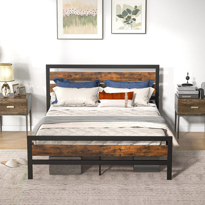 Goflame Queen Metal Platform Bed Frame with Wooden Headboard & Footboard, Rustic Brown