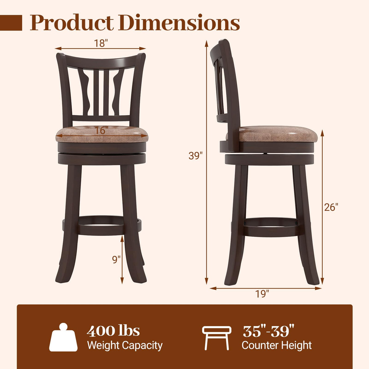 Goflame 26" Upholstered Counter Height Swivel Bar Stools Set of 2/4 with Back and Solid Rubber Frame