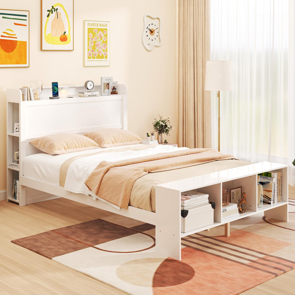 Goflame Full/Twin Size Bed Frame with Storage Headboard & Footboard