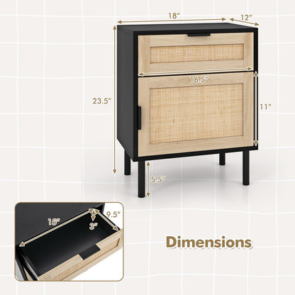Goflame Rattan Nightstand Set of 2, Mid Century Modern End Table with Drawer & Cabinet, Sofa Side Table with Sturdy Metal Legs