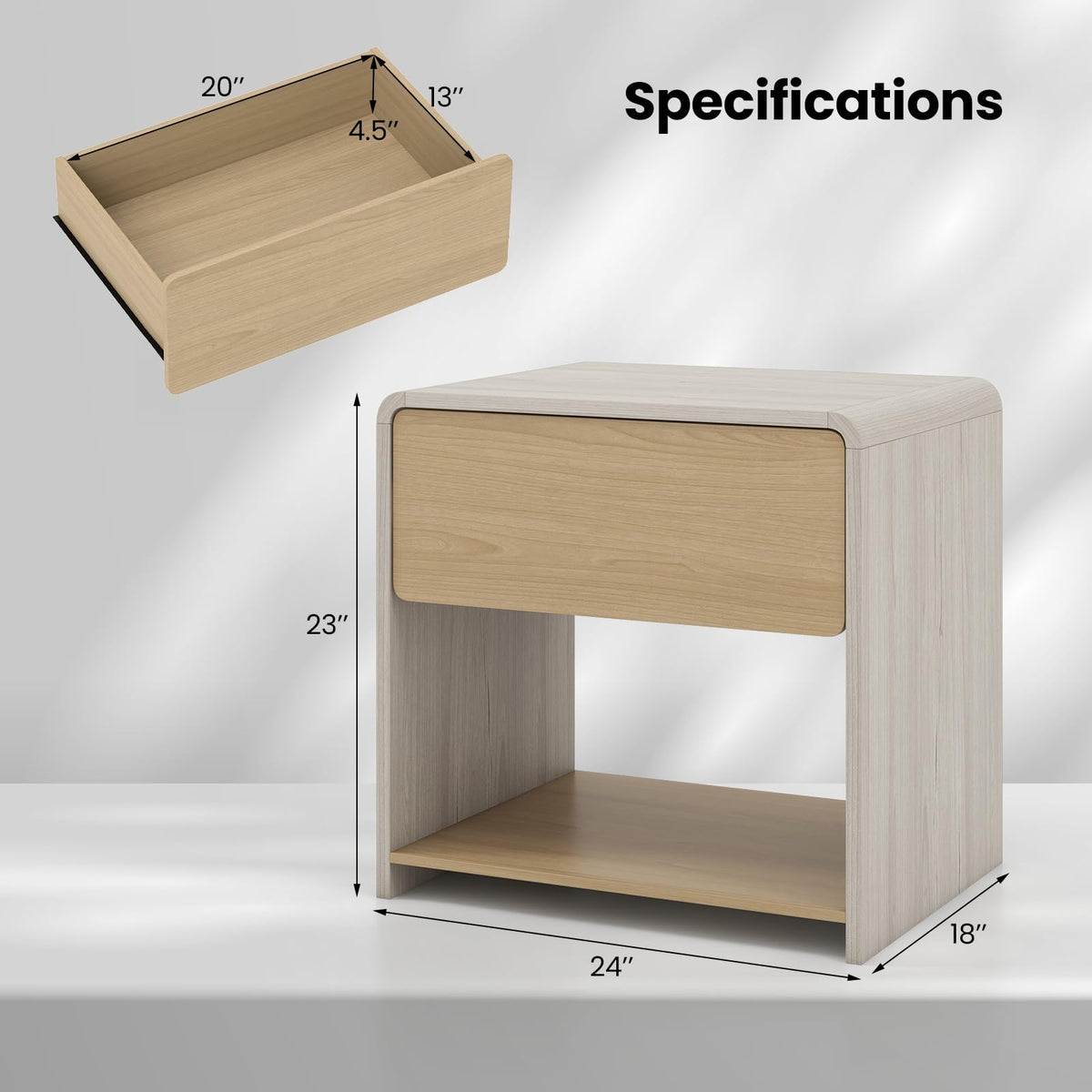 Goflame Modern Nightstand with Drawer Set of 1/2 Storage Open Shelf