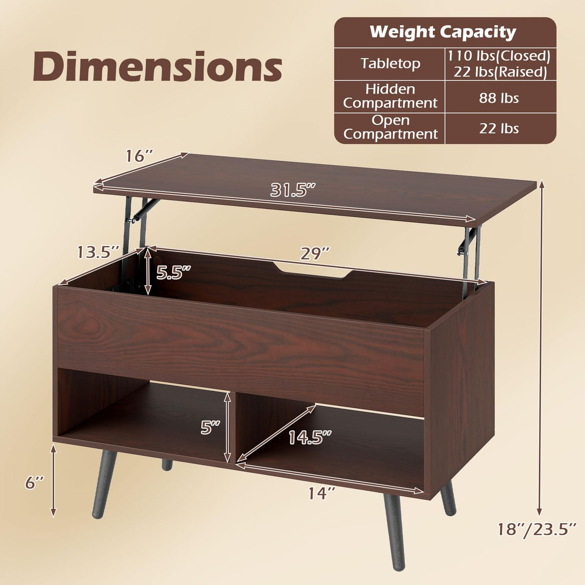 Goflame Lift Top Coffee Table Modern Cocktail Table w/Hidden Compartment & 2 Open Shelves