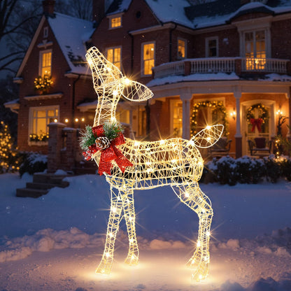 Goflame Christmas Pre-Lit Reindeer, Lighted Baby Deer w/ 50 Warm White LED Lights & Red Bow