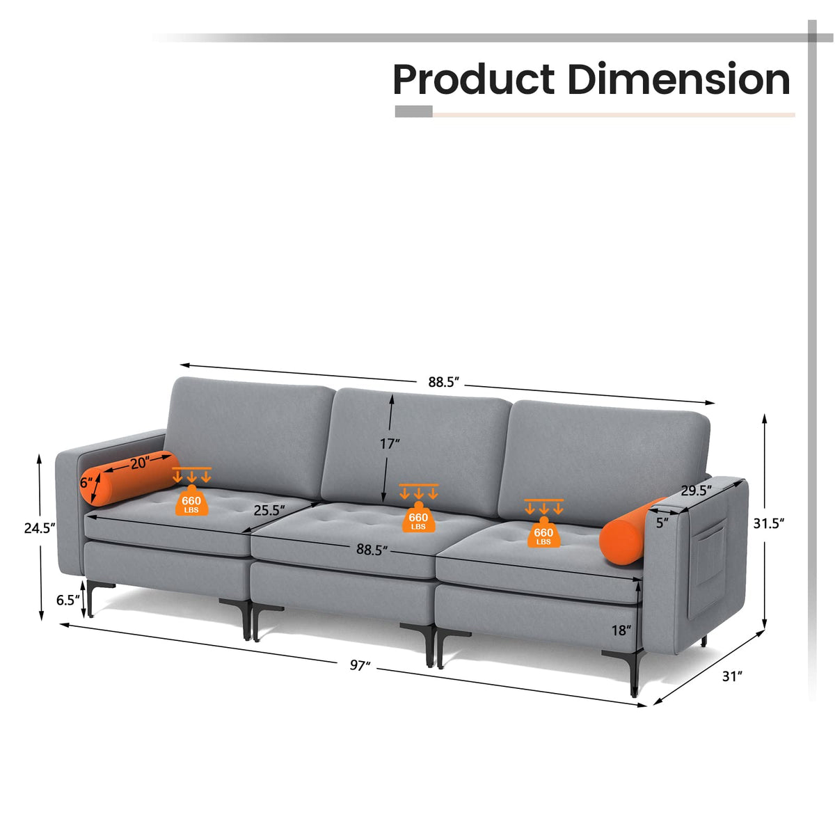 Goflame 97" Sectional Sofa Couch, 3-Seater Modular Sleeper with USB Ports