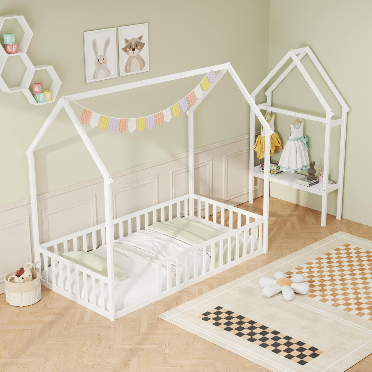 Goflame Twin House Floor Bed, Solid Wood Montessori Floor Bed with Detachable Storage Shelf & Clothes Hanger
