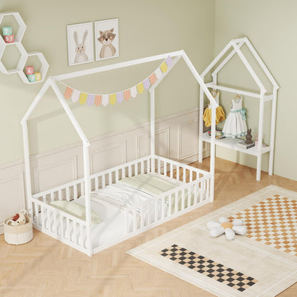 Goflame Twin House Floor Bed, Solid Wood Montessori Floor Bed with Detachable Storage Shelf & Clothes Hanger