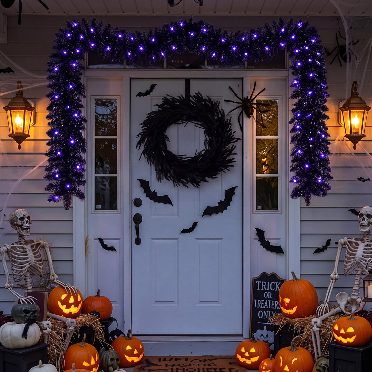 GOFLAME 9FT Pre-lit Black Halloween Garland with 50 Purple LED Lights