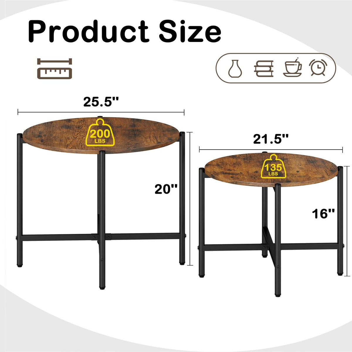 Goflame Round Coffee Table Set of 2, Nesting Tables with Metal Frame, Imitated Wood Grain Top