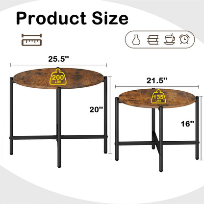 Goflame Round Coffee Table Set of 2, Nesting Tables with Metal Frame, Imitated Wood Grain Top