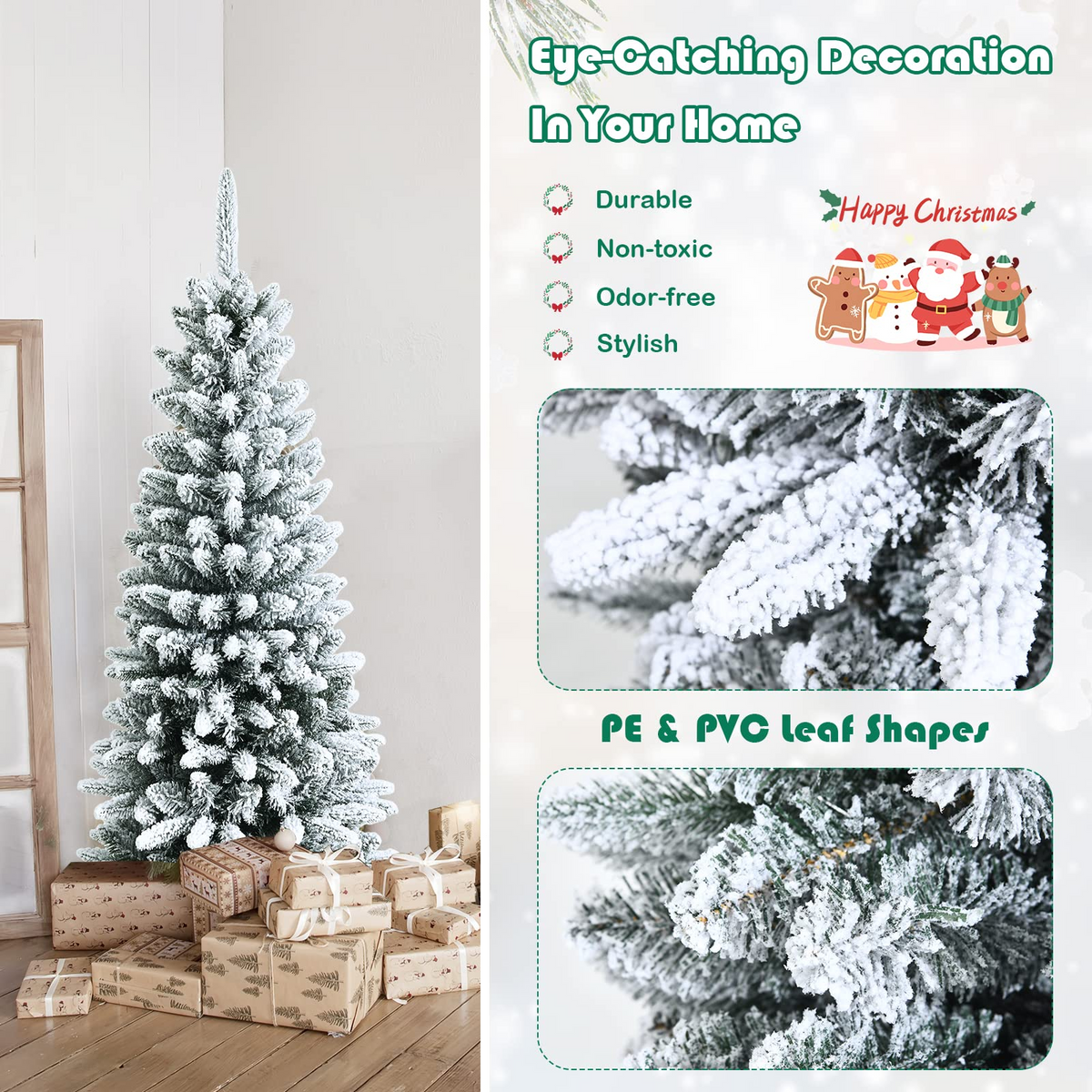 Goflame Snow Flocked Pencil Christmas Tree, Hinged Artificial Slim Xmas Tree - GoflameUS