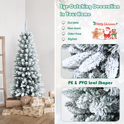 Goflame Snow Flocked Pencil Christmas Tree, Hinged Artificial Slim Xmas Tree - GoflameUS