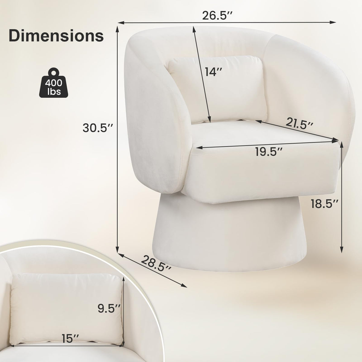 Goflame Swivel Accent Chair Upholstered Barrel Chair with Curved Back & Removable Lumbar Pillow