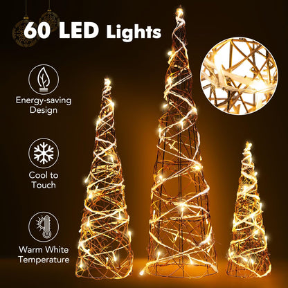 Goflame Set of 3 Large Christmas Cone Trees, 32” 24” 16” Indoor Christmas Trees w/Warm White LED Lights
