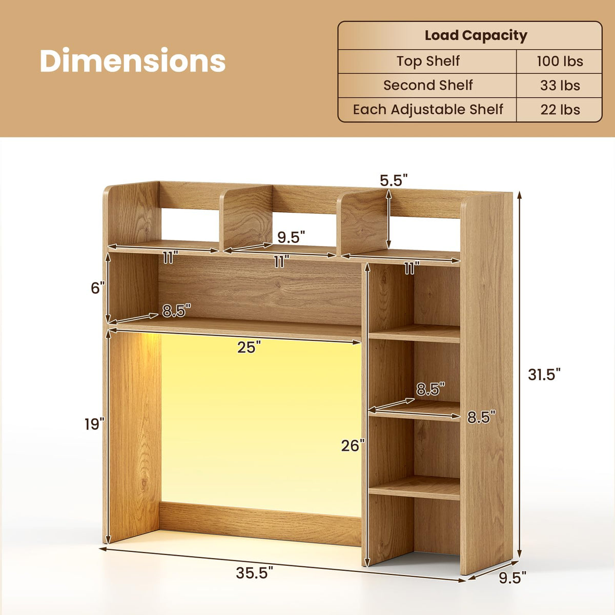 Goflame 35.5" Desktop Bookshelf with LED Lights