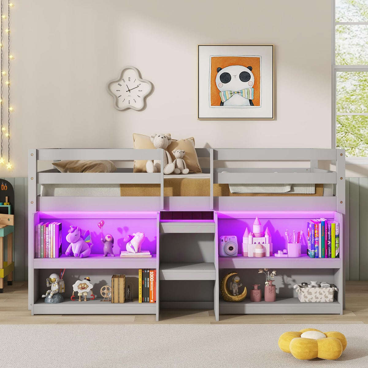 Goflame Low Loft Bed with LED Lights, Wooden Twin Loft Bed with Stairs & Safety Guardrail