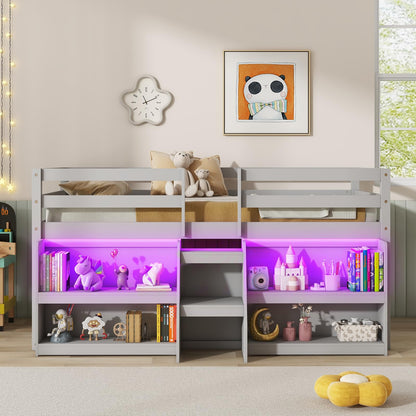 Goflame Low Loft Bed with LED Lights, Wooden Twin Loft Bed with Stairs & Safety Guardrail