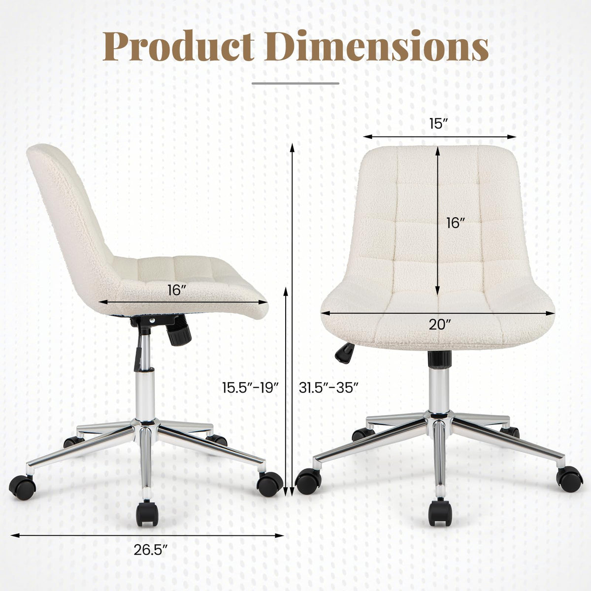 Goflame Armless Office Chair, Modern Faux Fur White Vanity Chair with Wheels & Adjustable Height
