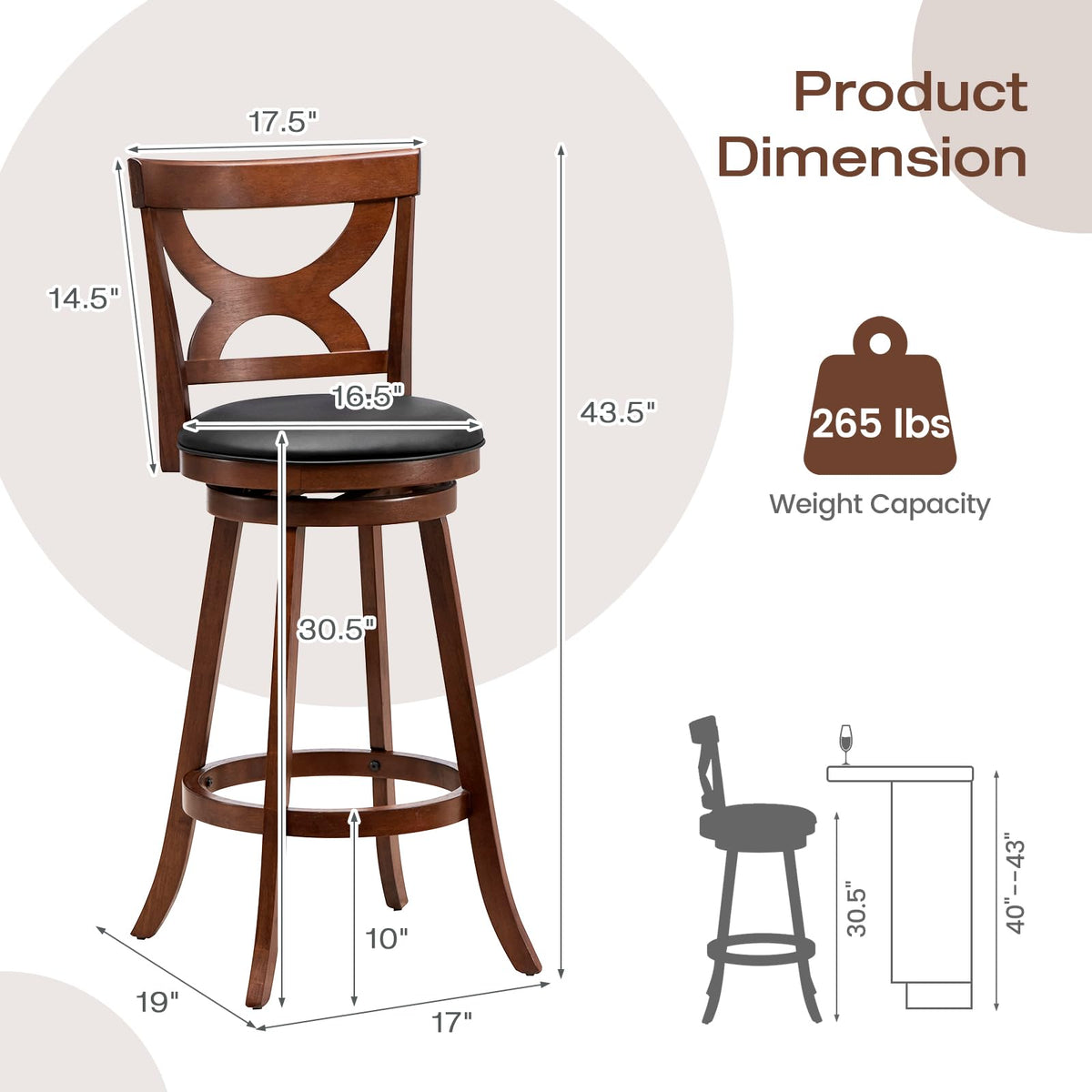 Goflame Bar Stools Set of 2, 30.5" Counter Height Bar Dining Chairs with Back & Footrest, Rubber Wood Frame