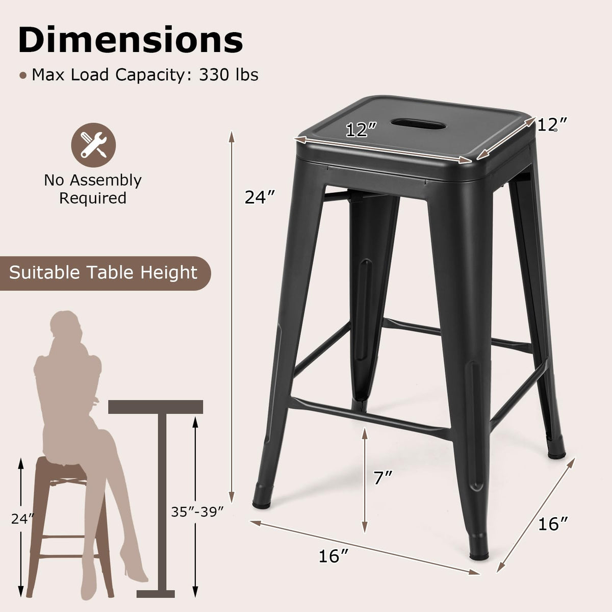 Goflame Metal Backless Bar Stools Set of 4, 24" Industrial Counter Height Bar Stools w/Cut-Out Handle, Footrest