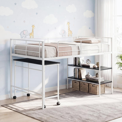Goflame Low Loft Twin Size Bed with Desk & Bookshelf