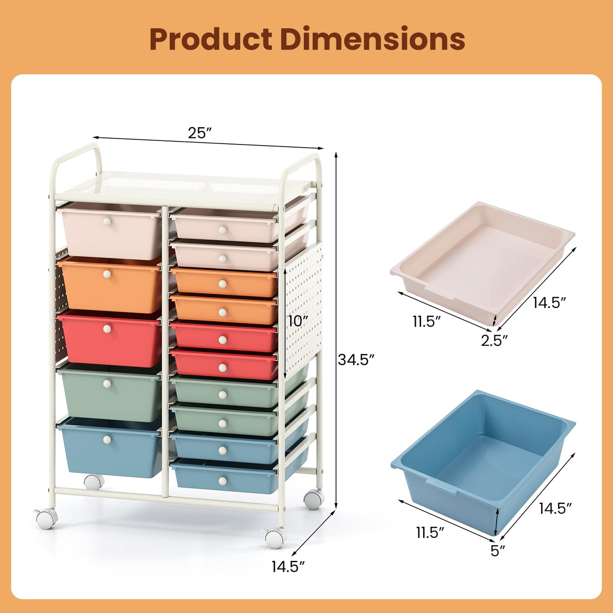 Goflame 15 Drawer Storage Cart | Rolling Craft Cart with Metal Tabletop & Pegboard