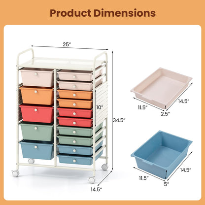Goflame 15 Drawer Storage Cart | Rolling Craft Cart with Metal Tabletop & Pegboard