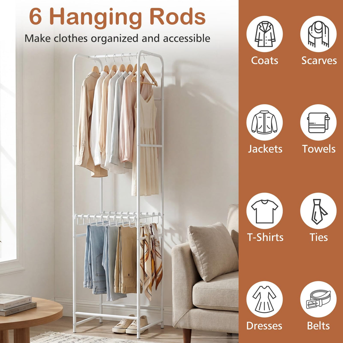 Goflame Heavy-Duty White Garment Rack with 6 Hanging Rods & 10 Pants Hangers