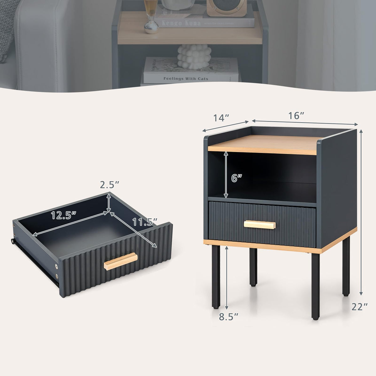 Goflame Modern Nightstand with Drawer - Bedside Table with Open Shelf, Gray
