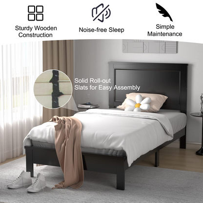 Queen/Full/Twin Size Platform Bed w/ Rubber Wood Legs & Integrated Headboard | Wooden Bed Frame