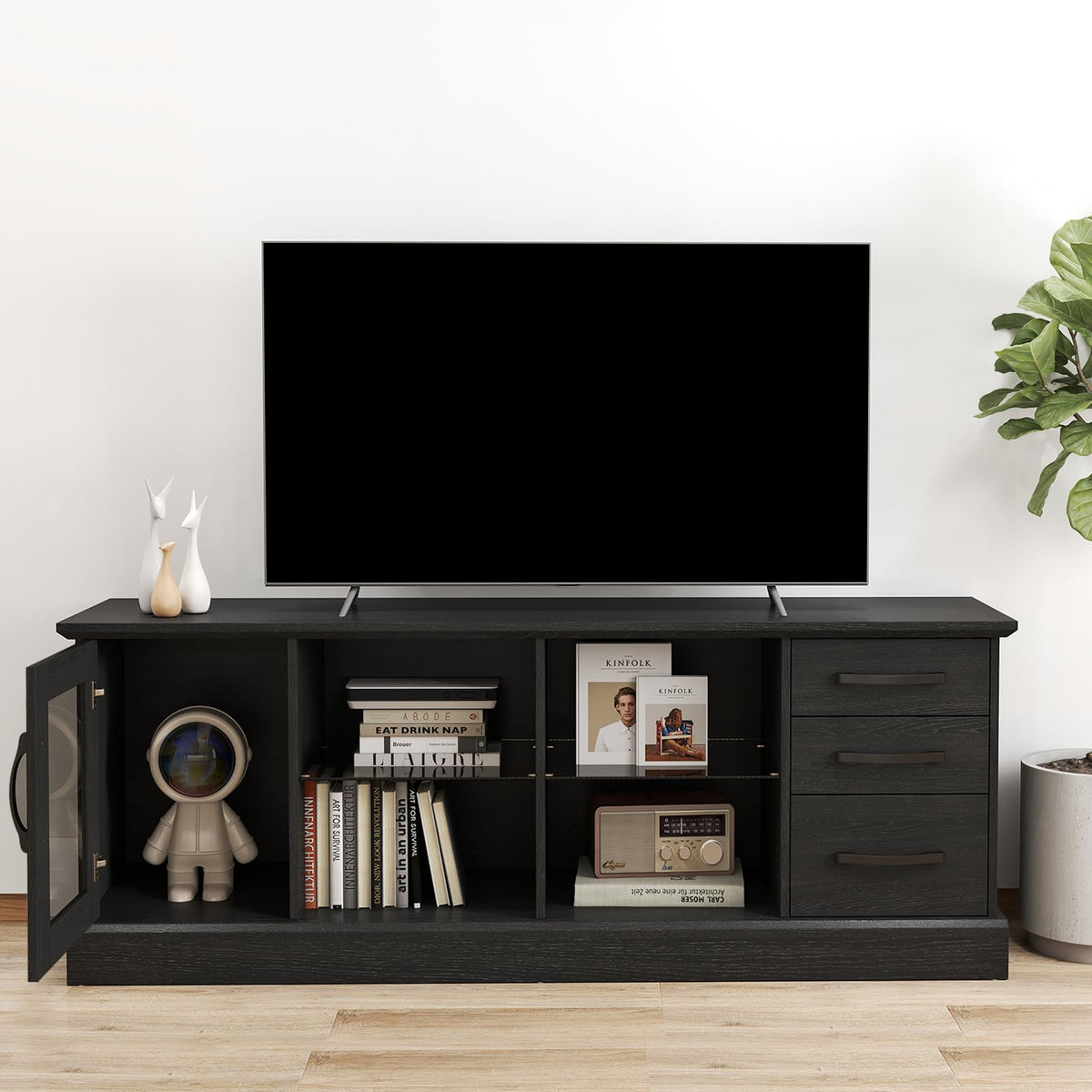 Goflame TV Stand for TVs up to 73”, Entertainment Center w/Cable Management Holes, Drawers