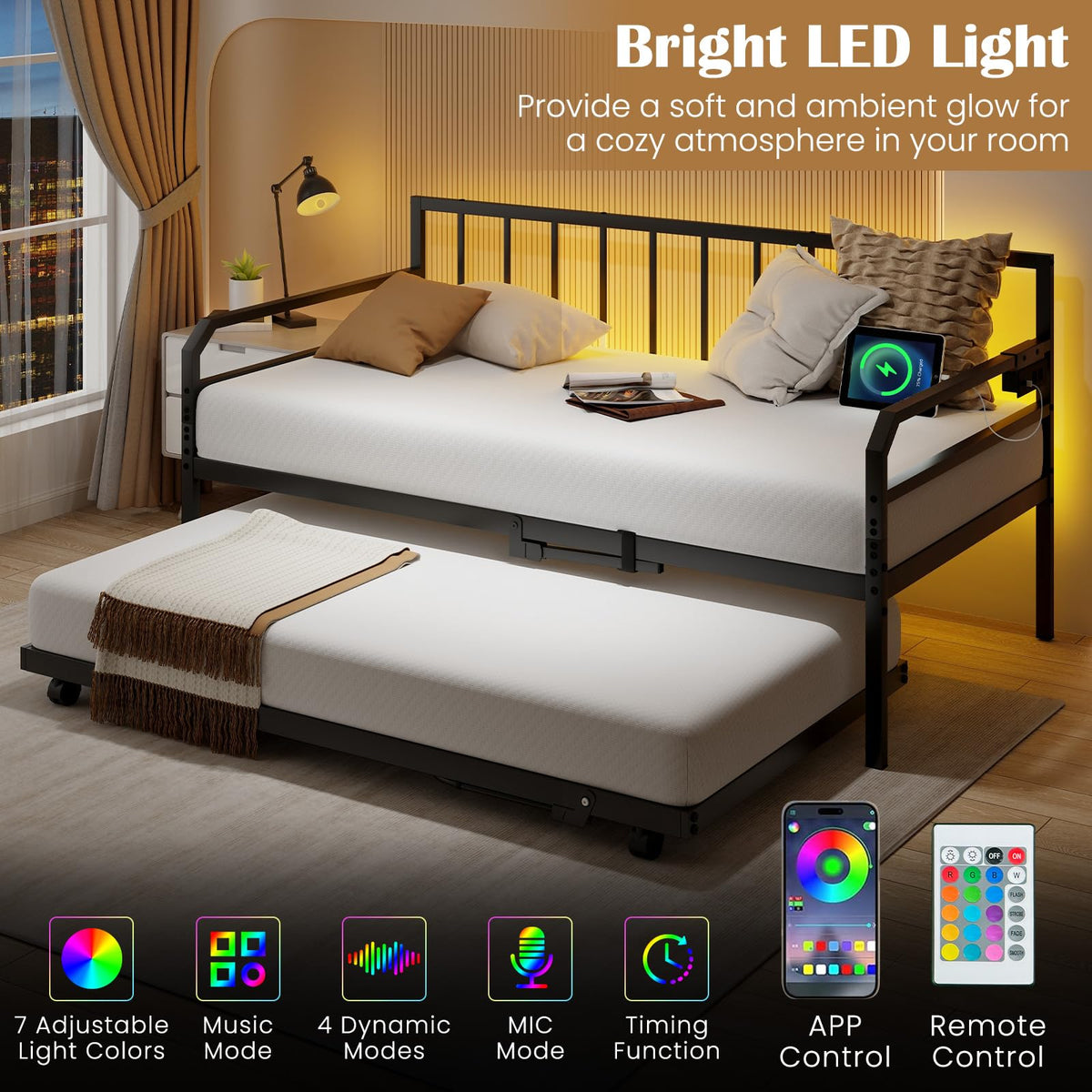 Goflame Twin Daybed with Trundle, Twin Bed Frame with Charging Station & LED Lights, Metal Trundle Bed Twin w/Steel Slats Support